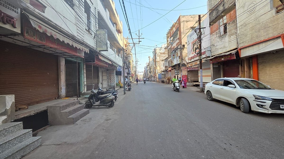 Shut shops along the Patni Bazaar market road in Ujjain after a one-day shutdown over the widening plan &mdash; Hotel Shrimmaya Ujjain