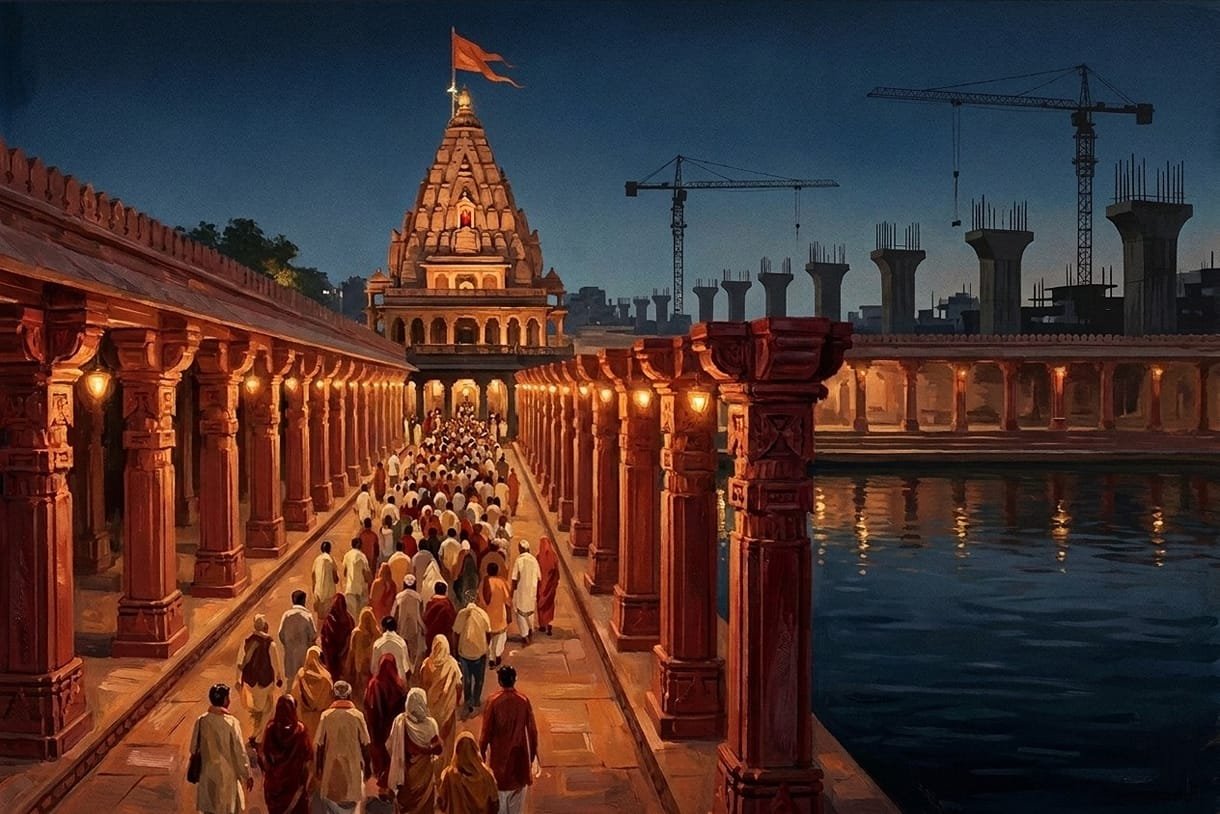 Pilgrims walking a ghat corridor towards the Mahakaleshwar shikhara with Simhastha construction on the skyline — Hotel Shrimmaya Ujjain